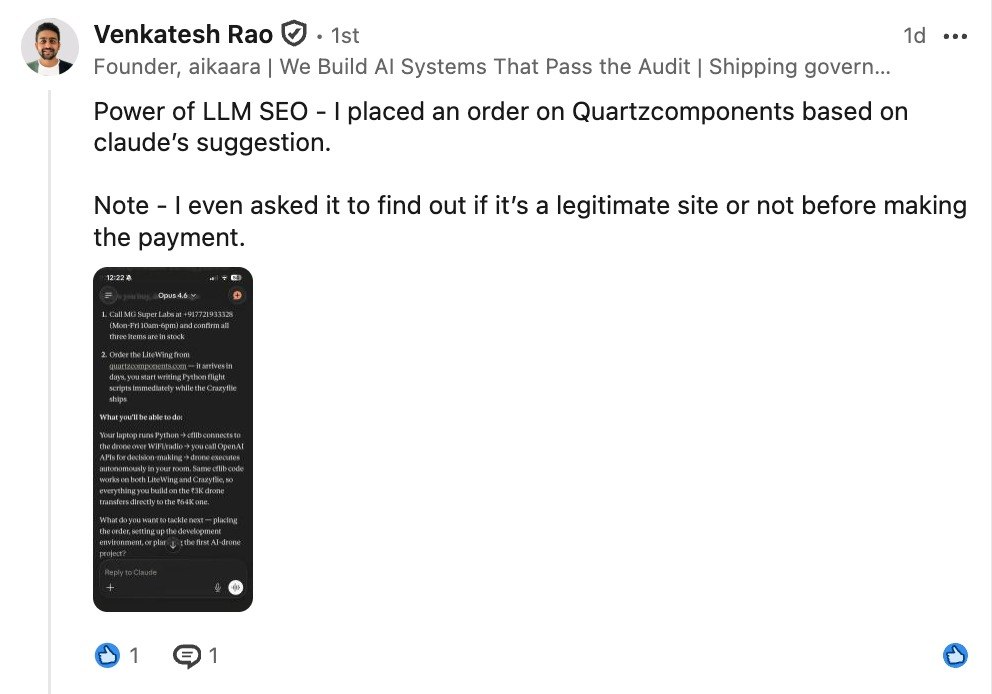Venkatesh Rao LinkedIn post — placed an order on Quartzcomponents because Claude recommended it